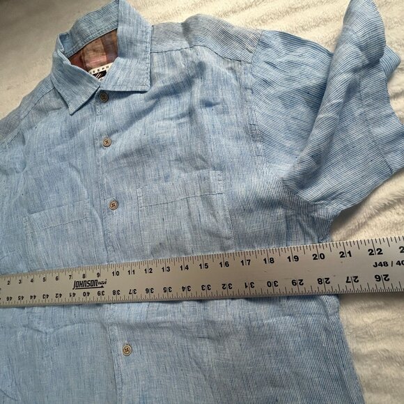 Joseph Abboud Mens Blue Striped Short Sleeve 100% Linen Button-Up Shirt Medium - Picture 6 of 7